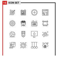 Pack of 16 Modern Outlines Signs and Symbols for Web Print Media such as cogs setting user gear page Editable Vector Design Elements