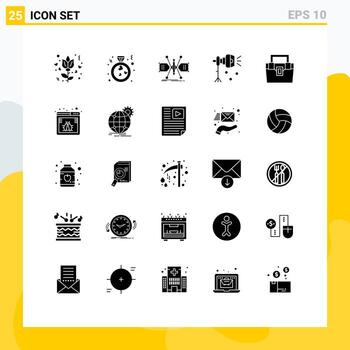 Set of 25 Vector Solid Glyphs on Grid for bag spotlight constructing lightning illumination Editable Vector Design Elements