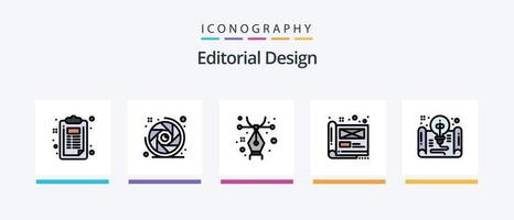 la línea de diseño editorial llenó el paquete de 5 íconos que incluye el documento. vista. expediente. diseño. idea. diseño de iconos creativos vector