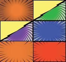 Comic book colorful frames background with halftone rays radial and dotted effects pop art style vector