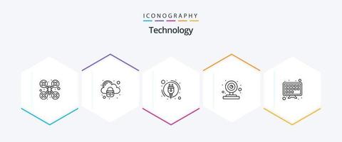 paquete de iconos de 25 líneas de tecnología que incluye pantalla de televisión. Internet. consumo de energía. camara de video. web vector