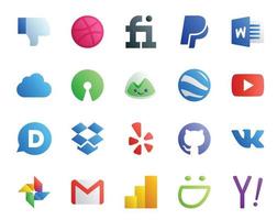 Paquete de 20 íconos de redes sociales que incluye gmail vk google earth github dropbox vector