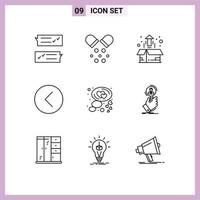 Group of 9 Modern Outlines Set for multimedia media pills back plant Editable Vector Design Elements