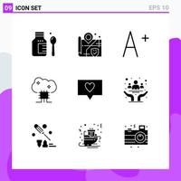 Pack of 9 Modern Solid Glyphs Signs and Symbols for Web Print Media such as cancer message cloud based services love cloud software Editable Vector Design Elements