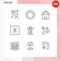 Editable Vector Line Pack of 9 Simple Outlines of tower building home beach icebox Editable Vector Design Elements