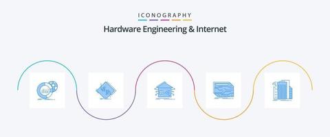 Paquete de iconos de ingeniería de hardware e Internet Blue 5 que incluye personalización. tarjeta. red. red. casa vector