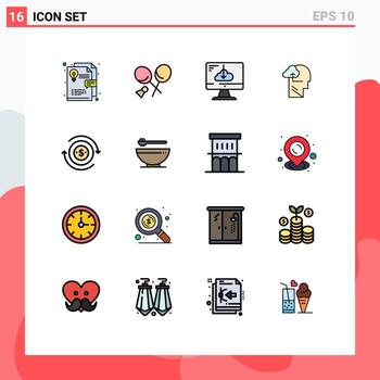 Pictogram Set of 16 Simple Flat Color Filled Lines of flow head download mind experience Editable Creative Vector Design Elements