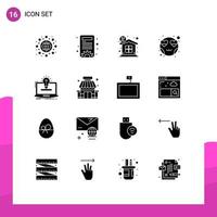 Group of 16 Modern Solid Glyphs Set for idea laptop finance smiley heart Editable Vector Design Elements