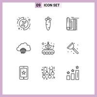 Outline Pack of 9 Universal Symbols of antenna hub praying globe network Editable Vector Design Elements