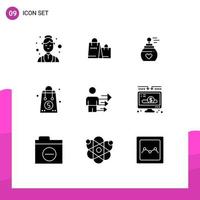 Set of 9 Commercial Solid Glyphs pack for approach shopping perfume money bag Editable Vector Design Elements