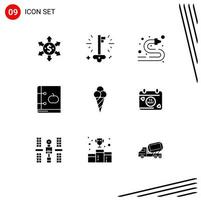 Pictogram Set of 9 Simple Solid Glyphs of ice cream learning hose knowledge book Editable Vector Design Elements