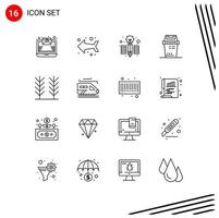 Group of 16 Outlines Signs and Symbols for transport wheat pencil food trash Editable Vector Design Elements