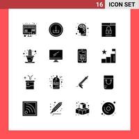 Set of 16 Vector Solid Glyphs on Grid for house security artificial search media Editable Vector Design Elements