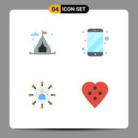 conjunto de pictogramas de 4 iconos planos simples de camping personas teléfono celular compartir elementos de diseño vectorial editables vector