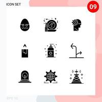 9 User Interface Solid Glyph Pack of modern Signs and Symbols of arrows sunblock brain beach candle Editable Vector Design Elements