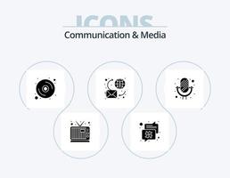 Communication And Media Glyph Icon Pack 5 Icon Design. microphone. world. disk. message. chat vector