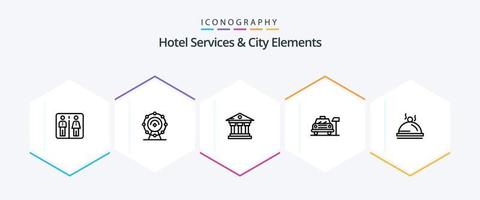 Hotel Services And City Elements 25 Line icon pack including dish. service. bank . hotel. car vector