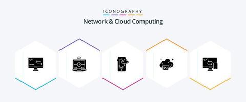 Network And Cloud Computing 25 Glyph icon pack including networking. computing. connection. technology. gallery vector