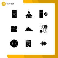 Group of 9 Modern Solid Glyphs Set for landscape teamwork spring strategy puzzle Editable Vector Design Elements