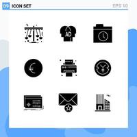 Pack of 9 Modern Solid Glyphs Signs and Symbols for Web Print Media such as coin printer brian office euro Editable Vector Design Elements