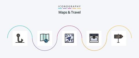 mapas y línea de viaje llenos de paquete de iconos planos 5 que incluye. ruta. puntero. dirección vector