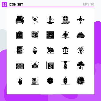 25 concepto de glifo sólido para sitios web, tareas móviles y aplicaciones, direcciones de velas del portapapeles, compras, elementos de diseño vectorial editables vector