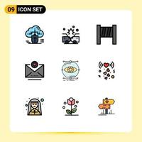 Set of 9 Vector Filledline Flat Colors on Grid for monitoring conception insurance visualize heart Editable Vector Design Elements