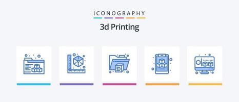 Paquete de 5 iconos azules de impresión 3d que incluye computadora. cubo. 3d. 3d. cubo. diseño de iconos creativos vector