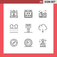 Mobile Interface Outline Set of 9 Pictograms of real houses star estate firefighter Editable Vector Design Elements