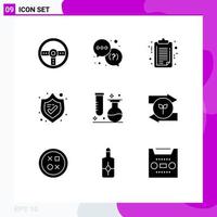 9 User Interface Solid Glyph Pack of modern Signs and Symbols of laboratory chemistry document shield protection Editable Vector Design Elements