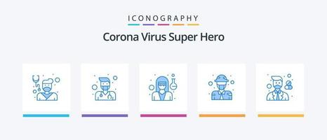 corona virus super héroe azul 5 paquete de iconos que incluye hospital. avatar. médico. militar. defensa. diseño de iconos creativos vector
