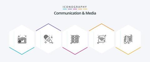 paquete de iconos de 25 líneas de comunicación y medios que incluye teléfono. comunicación. audio. Wifi. Internet vector