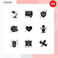 Universal Icon Symbols Group of 9 Modern Solid Glyphs of heart waste brain pollution thinking Editable Vector Design Elements