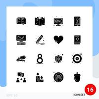 Pack of 16 Modern Solid Glyphs Signs and Symbols for Web Print Media such as heart design mobile brush keyboard Editable Vector Design Elements