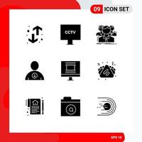 9 Universal Solid Glyphs Set for Web and Mobile Applications user down surveillance online people Editable Vector Design Elements