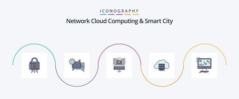 la computación en la nube de la red y la línea de la ciudad inteligente llenaron el paquete de iconos planos 5 que incluye almacenamiento. telecomunicación. discusión. comunicación. transmisión vector