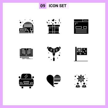 User Interface Pack of 9 Basic Solid Glyphs of food story design book writing Editable Vector Design Elements
