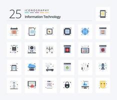 paquete de iconos de 25 colores planos de tecnología de la información, incluido el dispositivo. chip. encriptación procesador. computadora vector