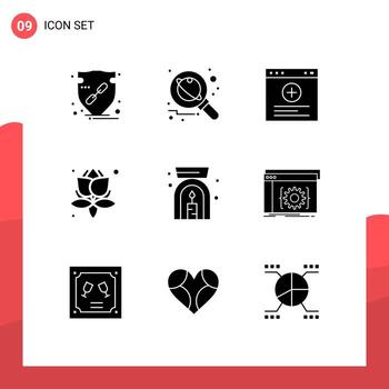 User Interface Pack of 9 Basic Solid Glyphs of lamp spa science plant website Editable Vector Design Elements