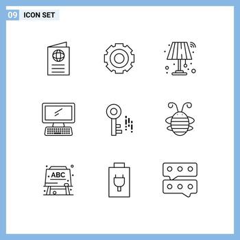 Pack of 9 creative Outlines of keyboard monitor setting computer light Editable Vector Design Elements