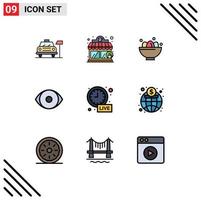 Pack of 9 Modern Filledline Flat Colors Signs and Symbols for Web Print Media such as clock vision celebration human eye Editable Vector Design Elements