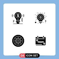 Universal Icon Symbols Group of 4 Modern Solid Glyphs of idea cake dollar money food Editable Vector Design Elements