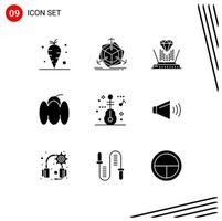 Group of 9 Modern Solid Glyphs Set for music vegetables hologram pepper bell Editable Vector Design Elements