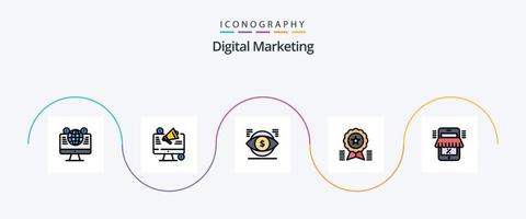 Digital Marketing Line Filled Flat 5 Icon Pack Including badge. achievement. megaphone. vision. money vector