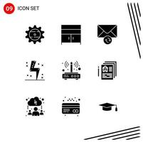 Modern Set of 9 Solid Glyphs Pictograph of router power mail energy charge Editable Vector Design Elements