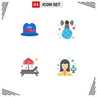 Set of 4 Vector Flat Icons on Grid for hat summer world wide news microphone Editable Vector Design Elements