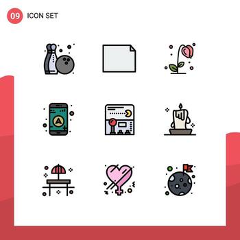 Editable Vector Line Pack of 9 Simple Filledline Flat Colors of burning light fun nature pacman navigation Editable Vector Design Elements