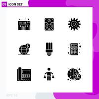 Solid Glyph Pack of 9 Universal Symbols of lamp international setting globe global Editable Vector Design Elements