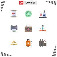 Flat Color Pack of 9 Universal Symbols of medical kit hardware sound printing digital Editable Vector Design Elements