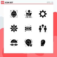 Set of 9 Commercial Solid Glyphs pack for cpu chip light bulb science atom Editable Vector Design Elements